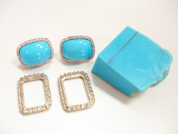 Photo of a pair of Sleeping Beauty Turquoise earrings and a piece of rough Sleeping Beauty Turquoise and a pair of empty earring mountings