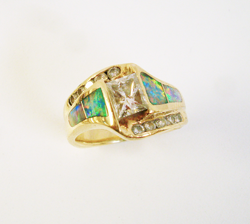A top down view of the repaired Opal inlay ring.